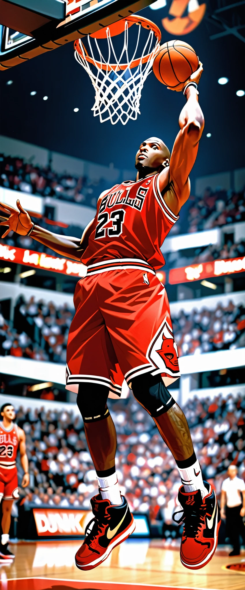 (Very detailed),(An illustration),8k,wallpaper,One Man,Black,Basketball Player,Chicago Bulls style uniform,Michael jordan,((front)),((Directly above)),((Lean your body back and jump very high:1.5)),((Look up at the ball)),((Dunk Shot:1.5)),(dynamic),Basketball Court,(((Background Blur)))