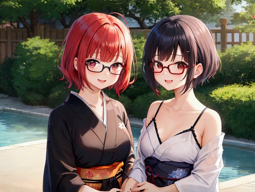 cute、Redhead、short hair、Japanese、Staring at this、Fleeting、masterpiece、Vivid、Black yukata、Laughter、kind、turn around，summer，hair ornaments，Glasses