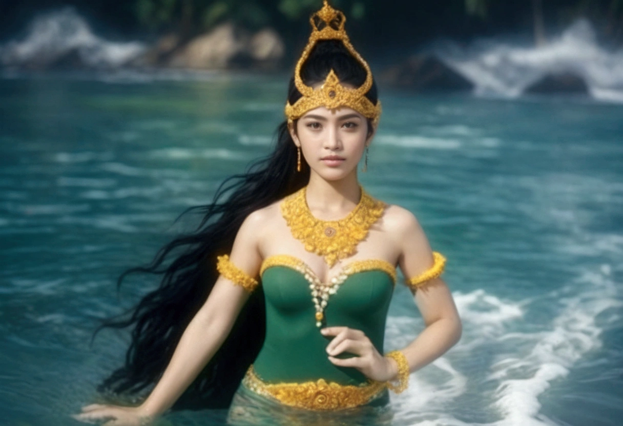 cinematic photo of cinematic photo of Girl with black hair and brown eyes, natural big breast, indonesia woman, standing partially submerged in the ocean on a beach with a blurry background, under the bright daylight with a photorealistic style, gazing at the viewer, wearing no outwear, alone with the water around her, with a focus on her forehead, nose, and lips, giving a realistic depth of field effect, 35mm photograph, film, bokeh, professional, 4k, highly detailed