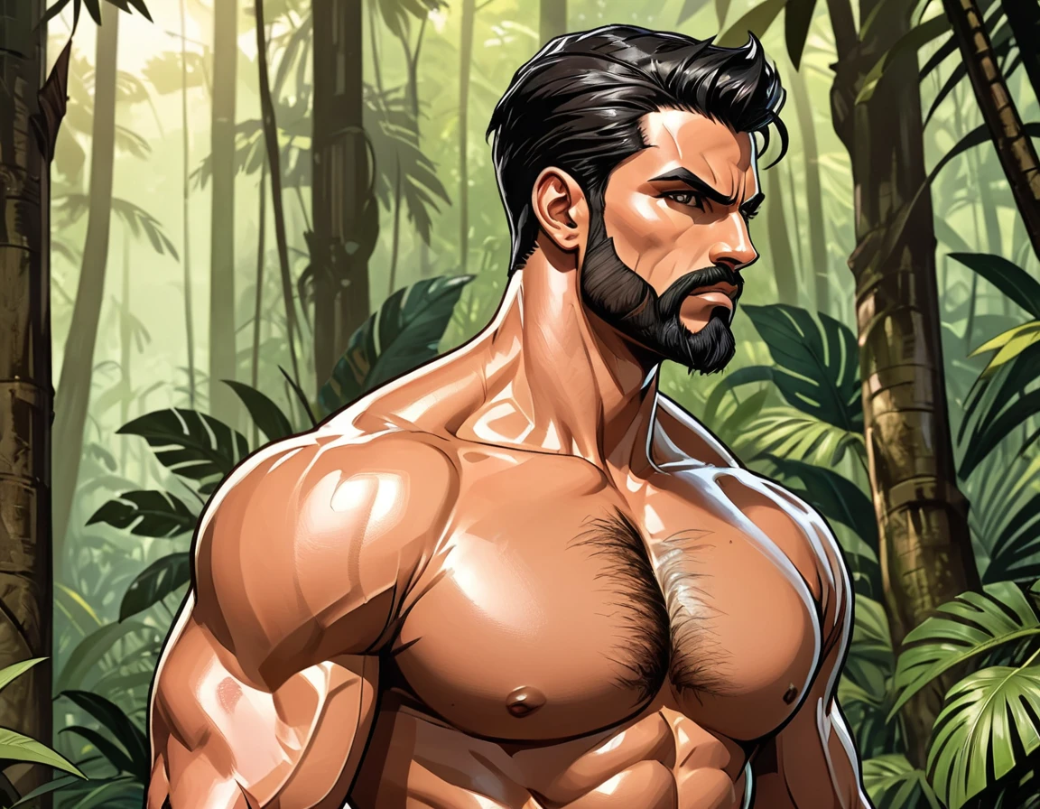 (((side view))),((profile engle)), ((man in profile)), angry, inflamed, against the backdrop of a tropical forest, Adult, Italian, Mesomorph Muscular body, perfect Olive skin, short Muscular neck, Rectangle faces, broad Muscular shoulders, Muscular fitness arms, Attached Cupped Symmetrical Ears, Low Forehead, black short combed back hair, Fleshy nose, Bold Tapered black Eyebrows, High Angular Symmetrical Prominent Cheekbones, Heart-Shaped Cheeks, triangular Chin, Angular jawline, brown Upturned eyes, Thin nude Lips, Designer Stubble black whiskers, triangular black hair beard, Muscular fitness breast, big muscles, dark novel style, graphic style of novel comics, perfect hands, 2d, 8k, hyperrealism, masterpiece, high resolution, best quality, ultra-detailed, super realistic, Hyperrealistic art, high-quality, ultra high res, highest detailed, lot of details, Extremely high-resolution details, incredibly lifelike, soft cinematic light,