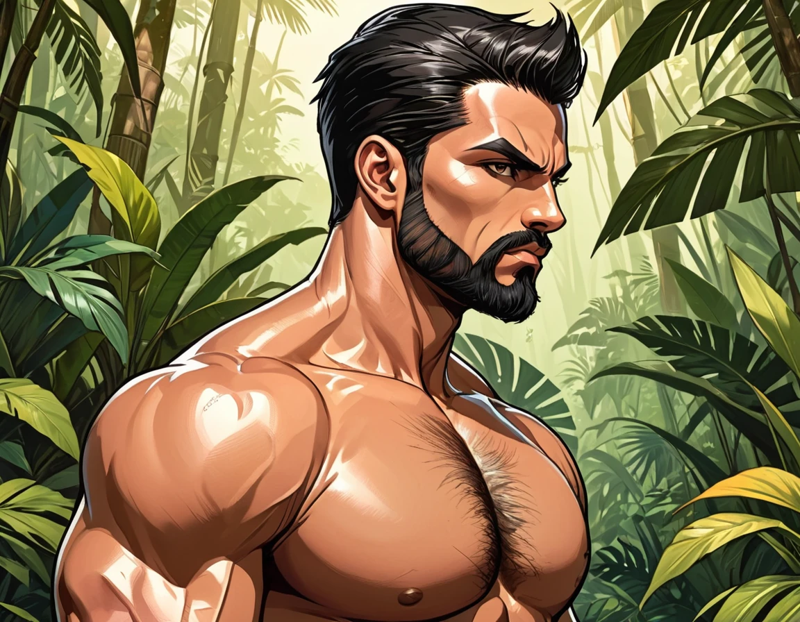 (((side view))),((profile engle)), ((man in profile)), angry, inflamed, against the backdrop of a tropical forest, Adult, Italian, Mesomorph Muscular body, perfect Olive skin, short Muscular neck, Rectangle faces, broad Muscular shoulders, Muscular fitness arms, Attached Cupped Symmetrical Ears, Low Forehead, black short combed back hair, Fleshy nose, Bold Tapered black Eyebrows, High Angular Symmetrical Prominent Cheekbones, Heart-Shaped Cheeks, triangular Chin, Angular jawline, brown Upturned eyes, Thin nude Lips, Designer Stubble black whiskers, triangular black hair beard, Muscular fitness breast, big muscles, dark novel style, graphic style of novel comics, perfect hands, 2d, 8k, hyperrealism, masterpiece, high resolution, best quality, ultra-detailed, super realistic, Hyperrealistic art, high-quality, ultra high res, highest detailed, lot of details, Extremely high-resolution details, incredibly lifelike, soft cinematic light,