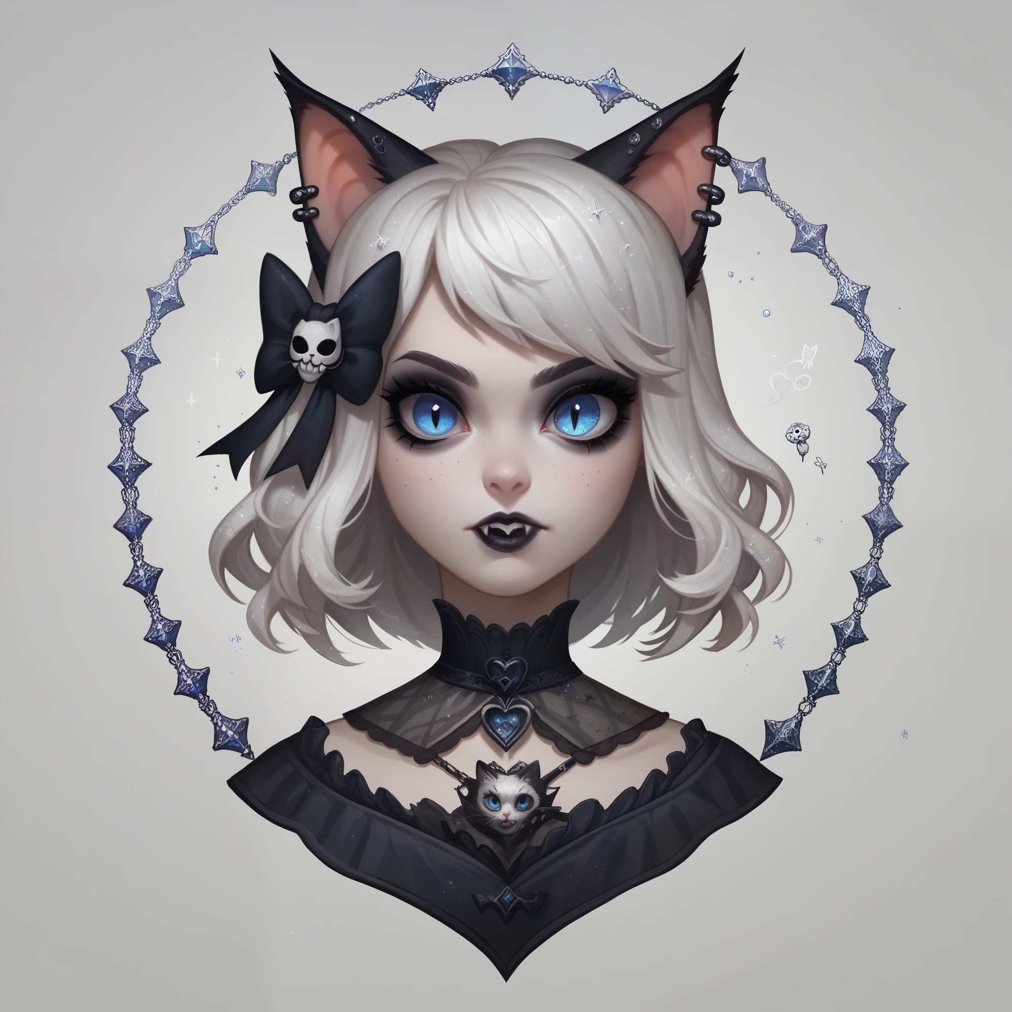 score_9,score_8_up,score_7_up,score_6_up, cute Vampire cat, white mane, blue eyes, Goth fashion, gothic scene, glitter, whimsical, enchanted, magical, fantasy art concept, intricate details,