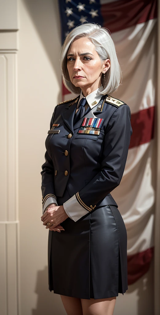 Standing proudly beneath the broad stripes and bright stars of the American flag, the female president projects an image of resilience and leadership. Her short silver-white hair catches the light, adding a distinguished aura to her presence. Clad in a formal black suit and skirt, she embodies the authority and dignity of her office. With an expression of determination and resolve, she addresses the nation or perhaps observes a solemn ceremony, the flag serving as a symbol of the country she serves and the values she upholds.
