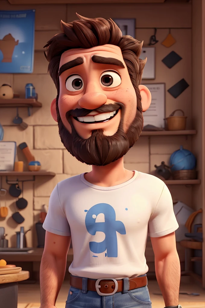 38 year old man, fair skin, thin beard, messy hair, face with strong features, with white t-shirt without prints, jeans with a small tear, black sneakers, Disney pixar 3d style, 16k