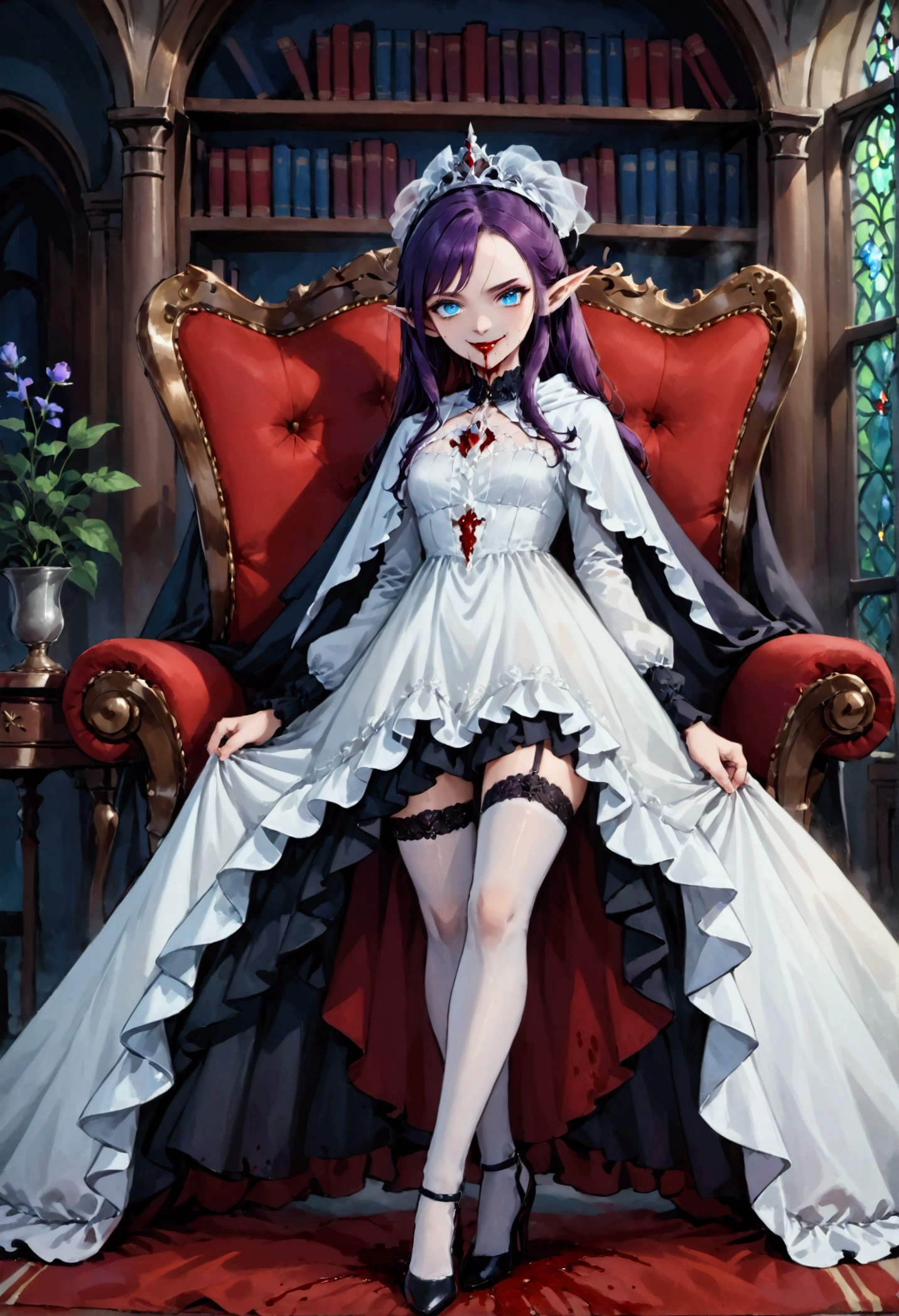 arafed a picture of elf vampire in her castle. an exquisite beautiful female elf vampire (ultra details, Masterpiece, best quality), full body, ((anatomically correct: 1.5) bloody mouth, purple hair, pale skin, hair in a ponytail, long hair, blue eyes, (small pointed ears: 1.2), cold eyes, smirking, wearing white dress (ultra details, Masterpiece, best quality), red cloak, wearing high heels, in dark fantasy library, book shelves, vibrant, Ultra-high resolution, High Contrast, (masterpiece:1.5), highest quality, Best aesthetics), best details, best quality, highres, ultra wide angle, 16k, [ultra detailed], masterpiece, best quality, (extremely detailed) RAW, dark fantasy art, gothic art, wearing Haute_Couture designer dress, Dark Novel, Dark Art Painting Style, dripping blood, hud_s1n, short black dress, long sleeves, veil, thighhighs, digital painting