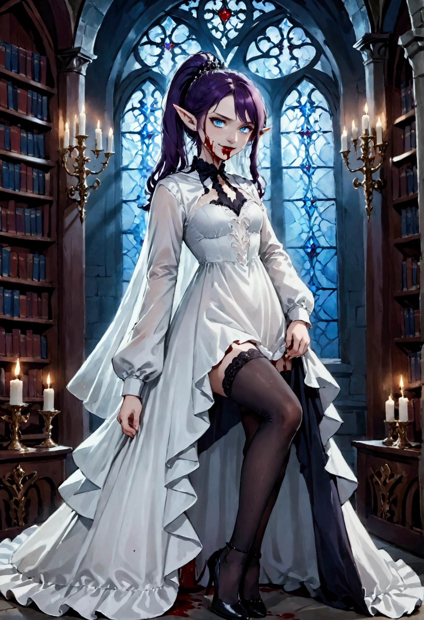 arafed a picture of elf vampire in her castle. an exquisite beautiful female elf vampire (ultra details, Masterpiece, best quality), full body, ((anatomically correct: 1.5) bloody mouth, purple hair, pale skin, hair in a ponytail, long hair, blue eyes, (small pointed ears: 1.2), cold eyes, smirking, wearing white dress (ultra details, Masterpiece, best quality), red cloak, wearing high heels, in dark fantasy library, book shelves, vibrant, Ultra-high resolution, High Contrast, (masterpiece:1.5), highest quality, Best aesthetics), best details, best quality, highres, ultra wide angle, 16k, [ultra detailed], masterpiece, best quality, (extremely detailed) RAW, dark fantasy art, gothic art, wearing Haute_Couture designer dress, Dark Novel, Dark Art Painting Style, dripping blood, hud_s1n, short black dress, long sleeves, veil, thighhighs, digital painting