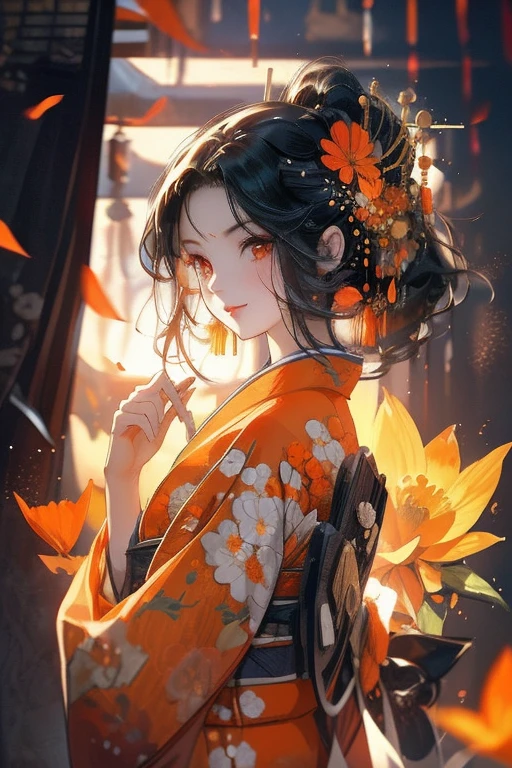 Perfect face. Perfect hands. A black haired woman with orange eyes in a pretty kimono is smiling in a flurry of orange flower petals.