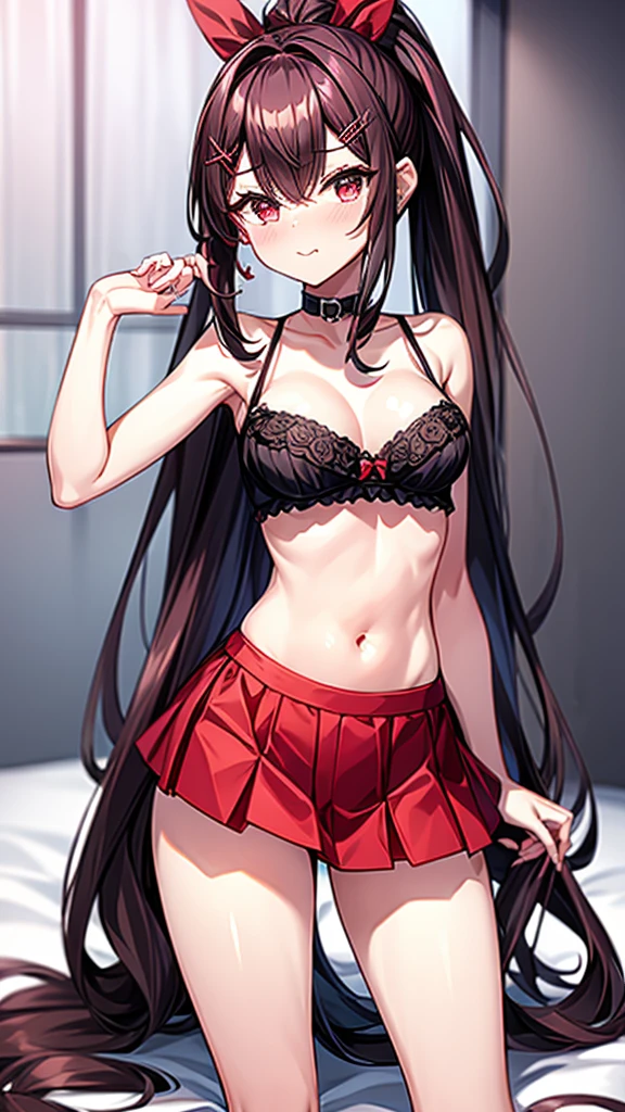 high tail hairstyle, Ponytail hairstyle, Long wavy black hair, standing posing, anime girl style, pixel art anime style,penetrating look with deep eyes,red and purple eyes, hair with a ponytail hairstyle trapped with a big red bun, women, red hair clips, x color shaped hair clips , smiling face blush, next to his bed, lingerie, tank top, Black hair, mini skirt, big thighs,