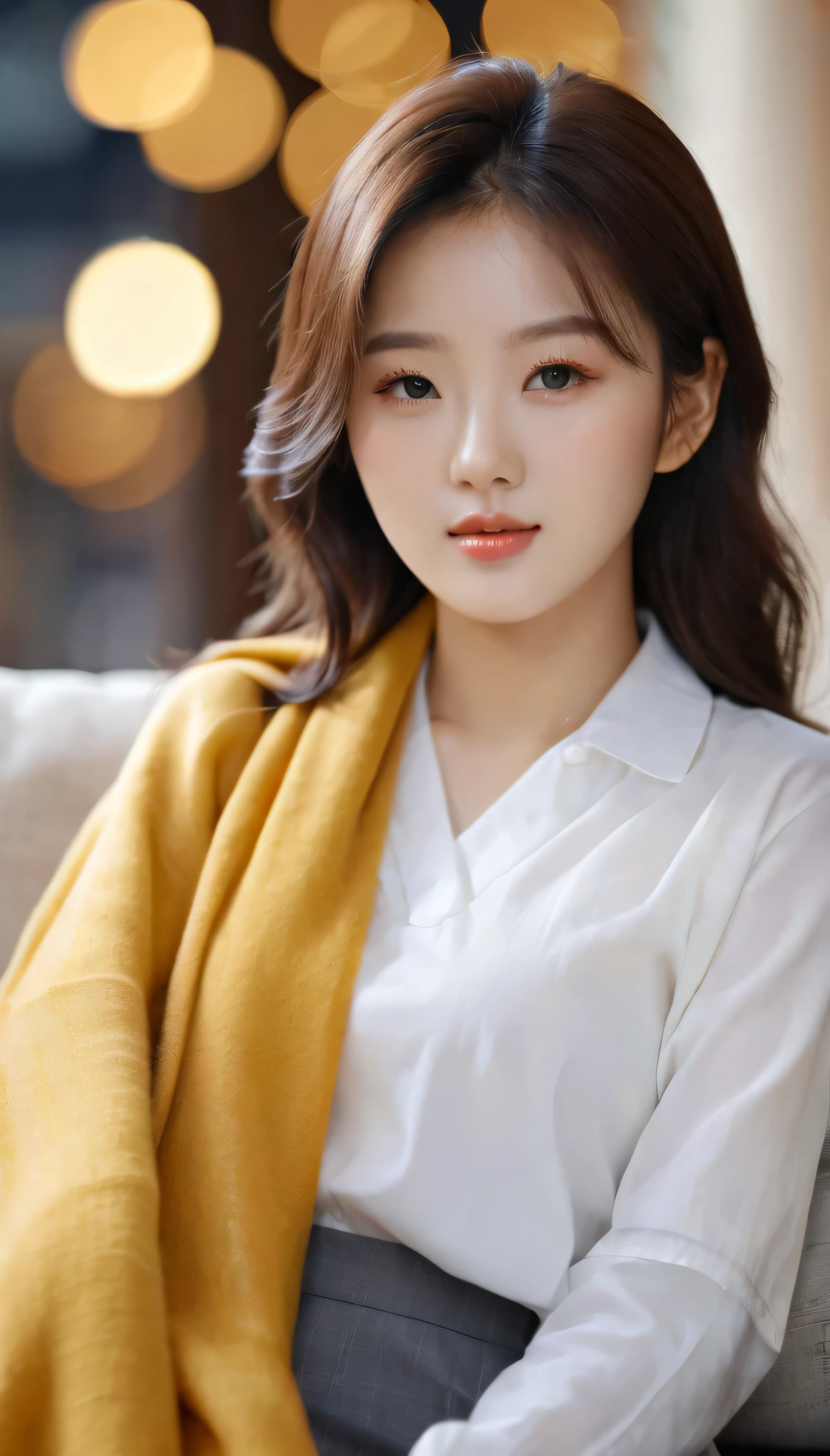 close-up of beautiful korean female, wearing whitet-shirt , yellow scarf, sitting on sofa, holding coffee mug, bokeh background, UHD