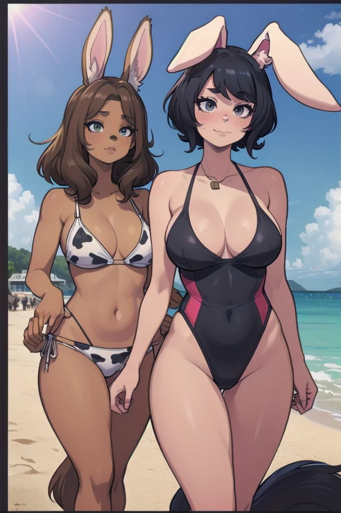 Hot friend group of different ethnicities, (furry girls:1.2), fluffy tail, snout, paws, at the beach, very diverse appearances, cute swimwear, sunny day, having fun, sexy, (cat, dog, horse, cow, monkey, rabbit, bunny, fox, mouse)