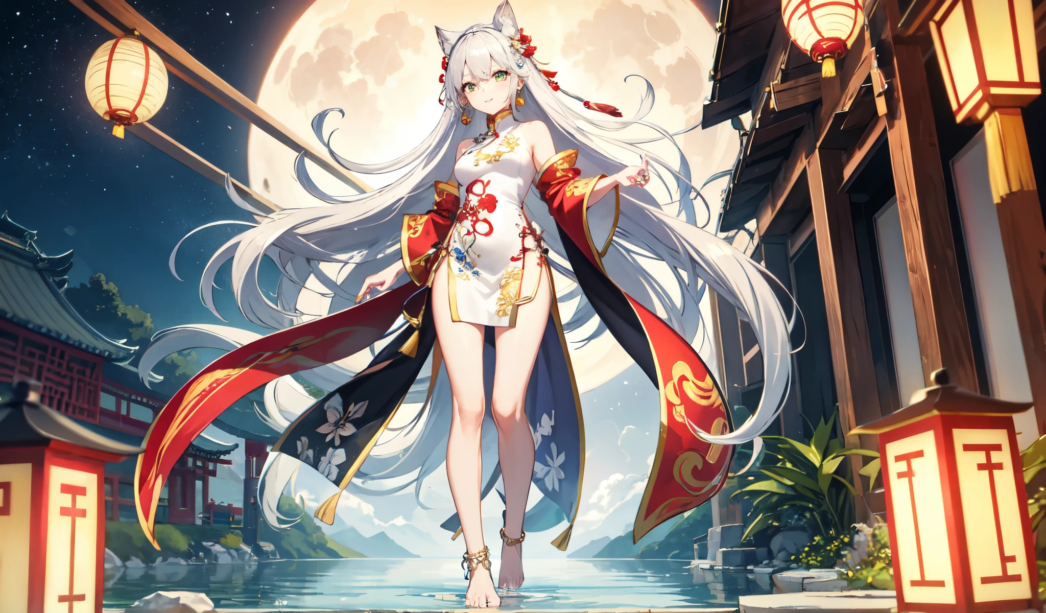 Highest quality, 8k, (Wide-angle lens),1 girl, (Mile Edelfelt),,Long silver hair,Emerald green eyes,Captivating smile, barefoot, China dress, butterfly, butterfly hair accessory, backless dress, Chinese Language Services, 2倍good,Golden dragon pattern,barefoot,full moon,Elbow Bag,good, hair accessory,jewelry,Earrings,Beaded anklet,Thin legs,Manicure, Mid-chest, alone, それからManicure, Outdoor,Chinese style architecture, Chinese style, lake, Ancient Town, Beautiful and elaborate water,Red Lantern,Model pose,sexy