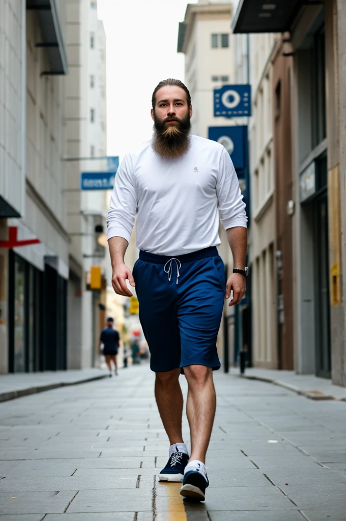 White man with beard, sport cloth, walking down an empty city street, realisitic