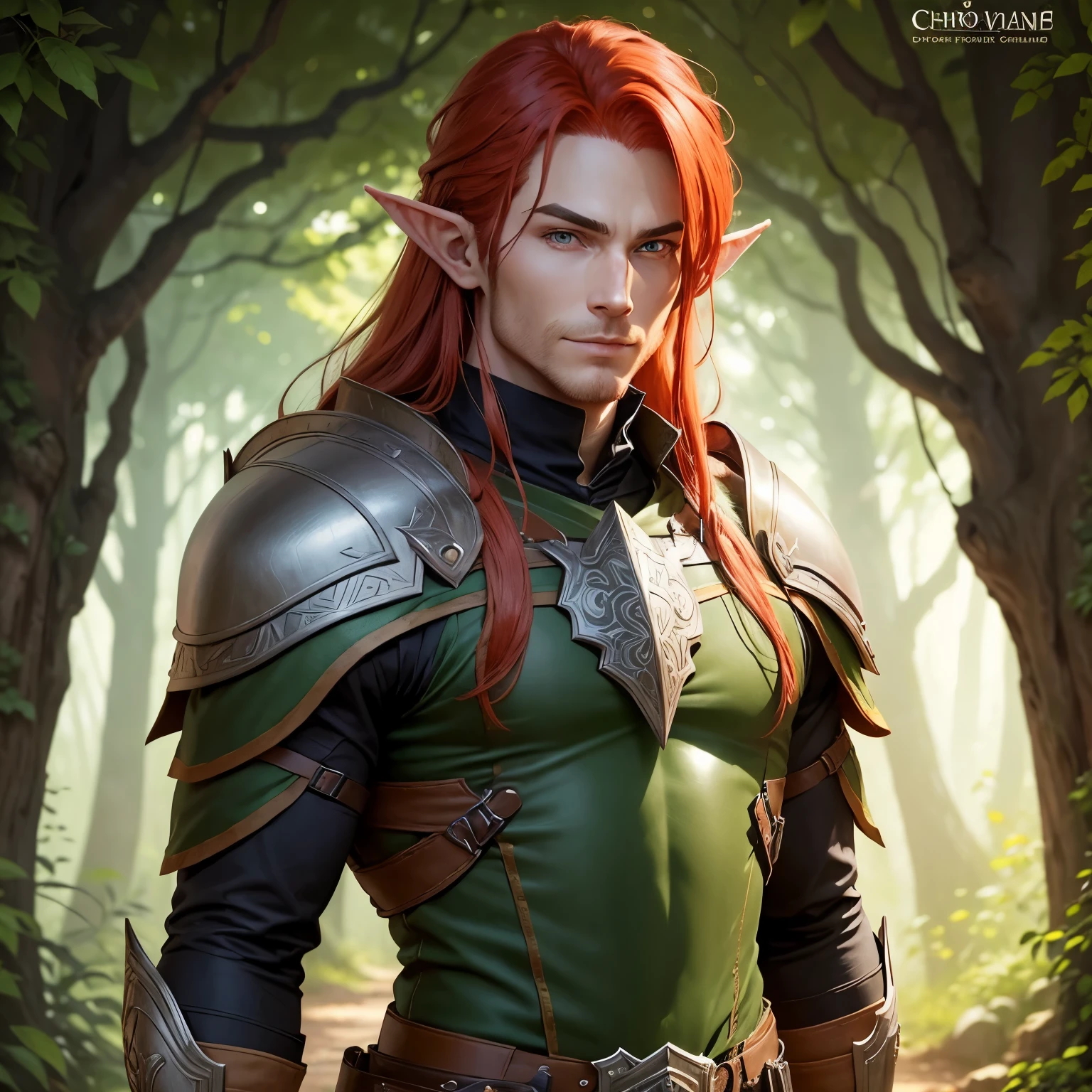 A male Elf Ranger. Born from the forest. Leather armor that blends in with the underbody and cape to become invisible. Long Light Red Hair with Chunky Design. Super detailed eyes .His gaze would be intense and serious. highly detailed image .shy smile .wide chin.ready for action at any time.background an enchanted forest.