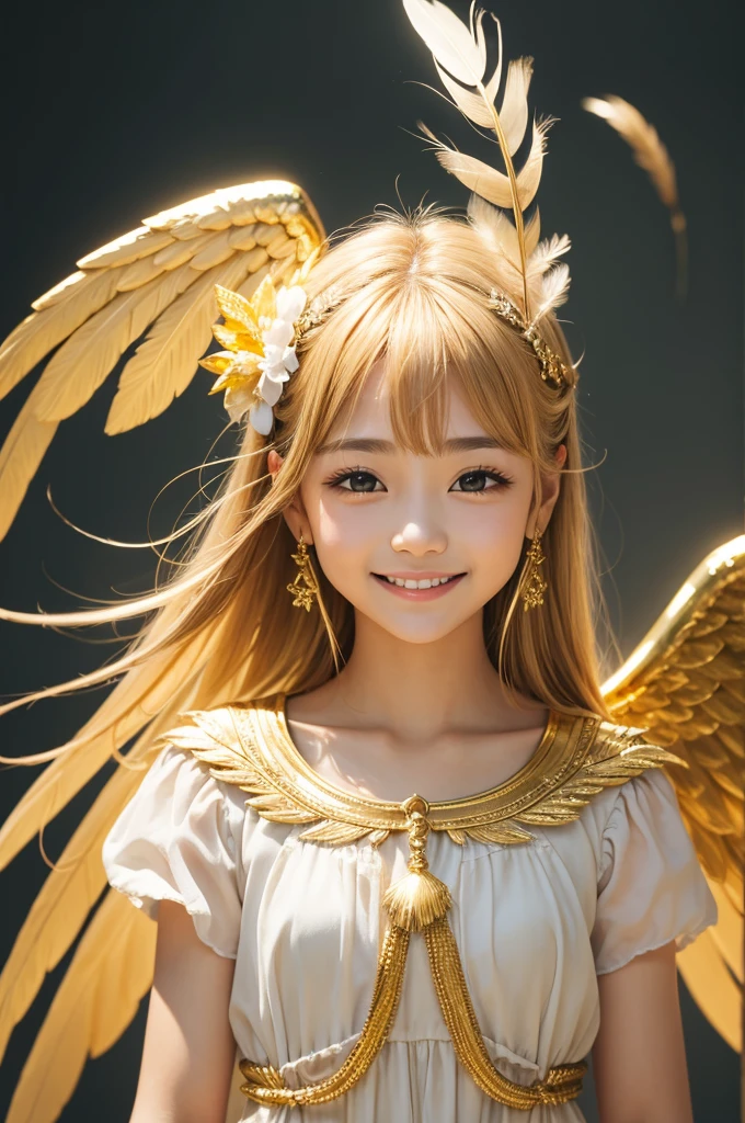,gold,Feather,front,whole body,smile,Angel,goldの空