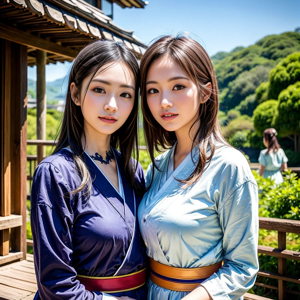 detailed portrait of two beautiful japanese women enjoying a famous japanese tourist destination, long flowing hair, elegant traditional japanese clothing, vibrant colors, detailed facial features, warm lighting, ultra detailed, 8k, photorealistic, masterpiece, intricate background, lush natural scenery, traditional japanese architecture