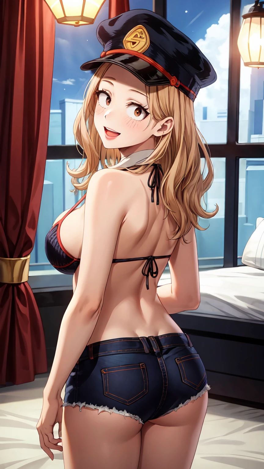 Masterpiece ,best quality , high resolution , (face view , look at view , head back , from back , from behind) , (1 girl solo:1.38) , (camie, long hair, brown hair, brown eyes, peaked cap , lipstick , eyeliner)) , (slim , tall , slender , thin) , (cleavage:1.05) , (big breast:1.06) , (wear bikini , denim_micro_short , fishnet stockinhs) , (indoor , windows , bedroom , night , lamp ) , (open mouth , smile , full face blush , shy ) , (standing , thighs ) , (cowboy_shot)