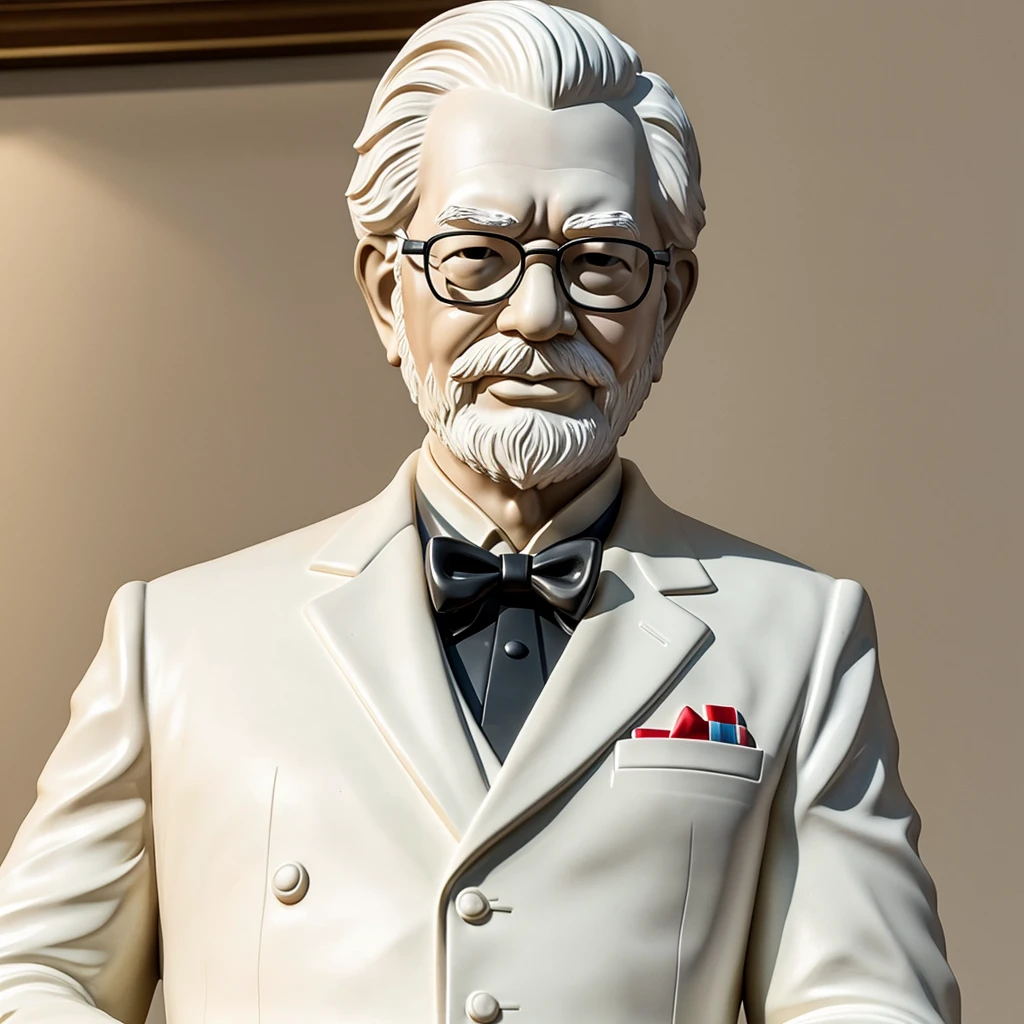 Create a detailed 3D statue of Colonel Harland David Sanders, the founder of KFC, depicted at approximately 35 years old. The statue should show him in his iconic white suit with a black bowtie, black shoes, and wearing black glasses. Despite his younger age, he should have white hair and a goatee. His expression should be cheerful with a broad smile. Materials and characteristics of the statue: Made of ceramic Realistic and highly detailed portrayal Skin tone resembling real-life coloration Mounted on a round white base Use Adobe Firefly to render the sculpture with realistic and detailed features.