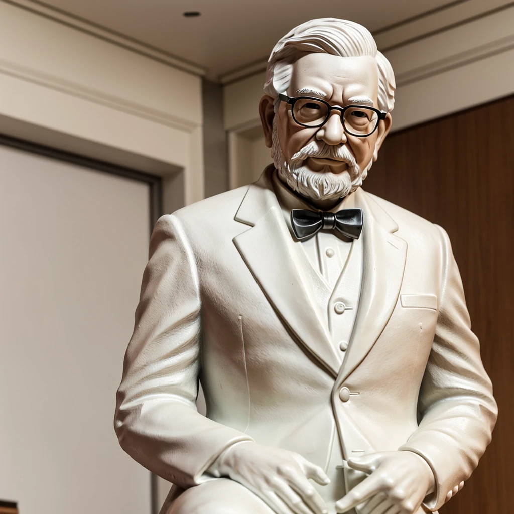 Create a detailed 3D statue of Colonel Harland David Sanders, the founder of KFC, depicted at approximately 35 years old. The statue should show him in his iconic white suit with a black bowtie, black shoes, and wearing black glasses. Despite his younger age, he should have white hair and a goatee. His expression should be cheerful with a broad smile. Materials and characteristics of the statue: Made of ceramic Realistic and highly detailed portrayal Skin tone resembling real-life coloration Mounted on a round white base Use Adobe Firefly to render the sculpture with realistic and detailed features.