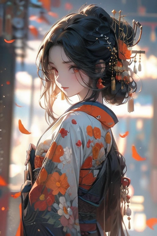 Perfect face. Perfect hands. A black haired woman with orange eyes in a pretty kimono is smiling in a flurry of orange flower petals.