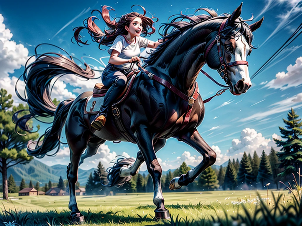 huge fat draft horse with beautiful wire. Running cheerfully in grass meadow , contemporary art, Photorealistic , Very high resolution artwork , 8K ,  pine forest, bright blue sky. BBW ebony rider.