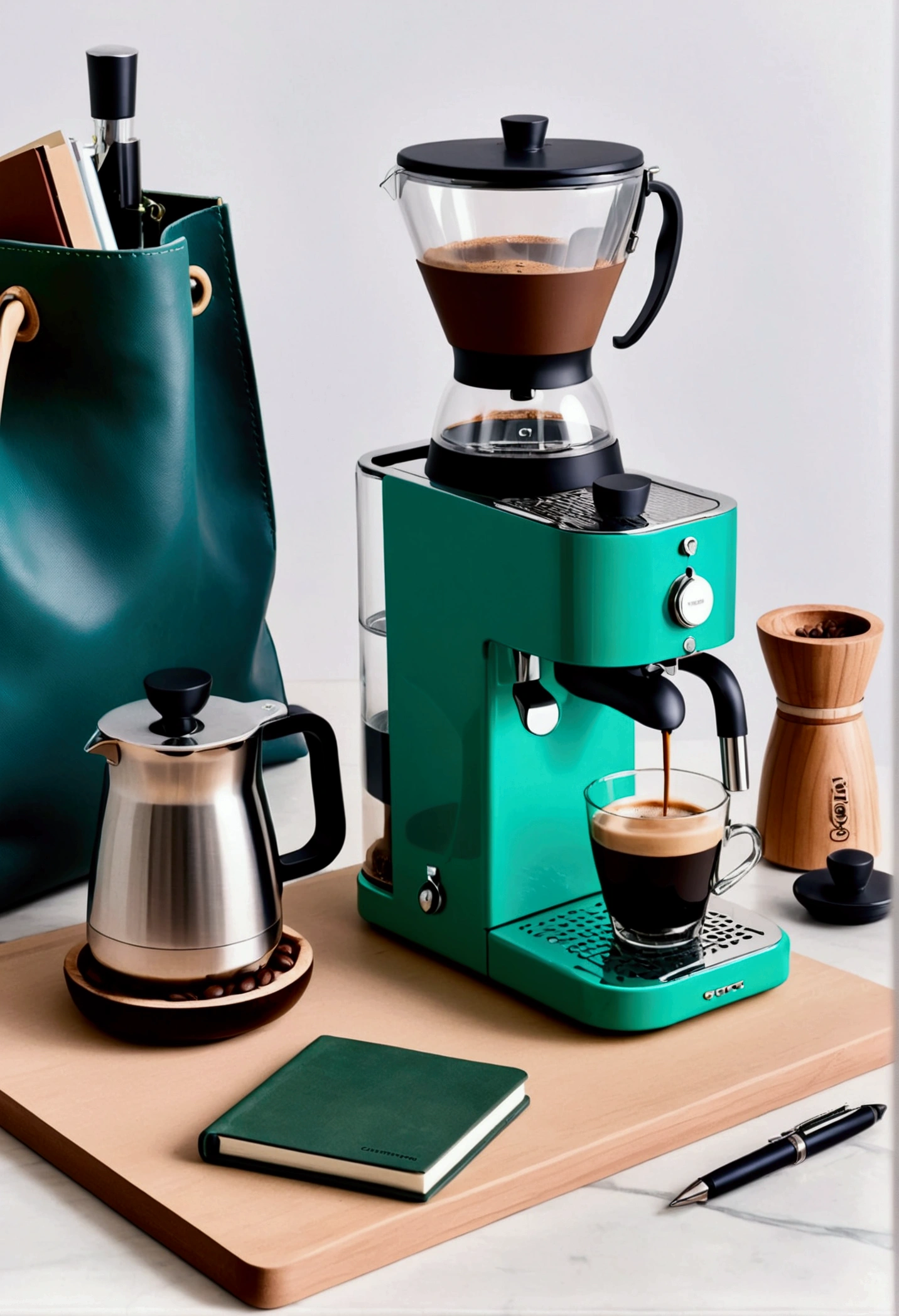 a beautiful modern minimalist design, sleek coffee machine, wooden grinder, leather notebook, steel pen, cotton canvas bag, blue and green color palette, high-tech, clean, simple, elegant