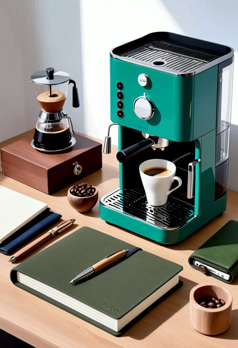 a beautiful modern minimalist design, sleek coffee machine, wooden grinder, leather notebook, steel pen, cotton canvas bag, blue and green color palette, high-tech, clean, simple, elegant