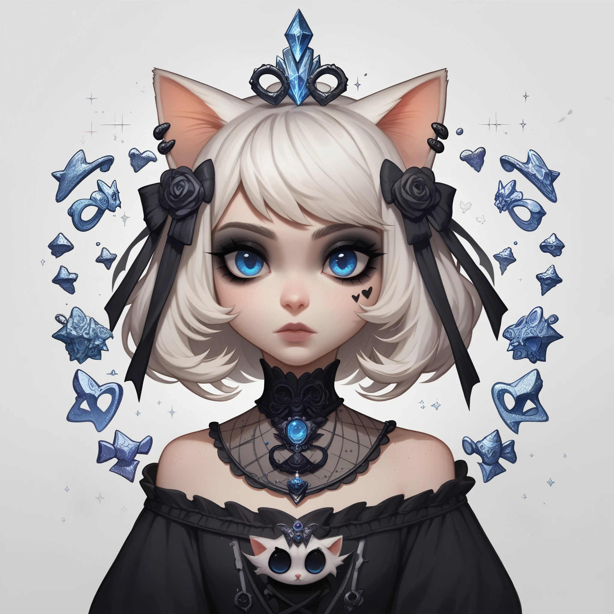 score_9,score_8_up,score_7_up,score_6_up, cute cat, white hair, blue eyes, Goth fashion, gothic scene, glitter, whimsical, enchanted, magical, fantasy art concept, intricate details,