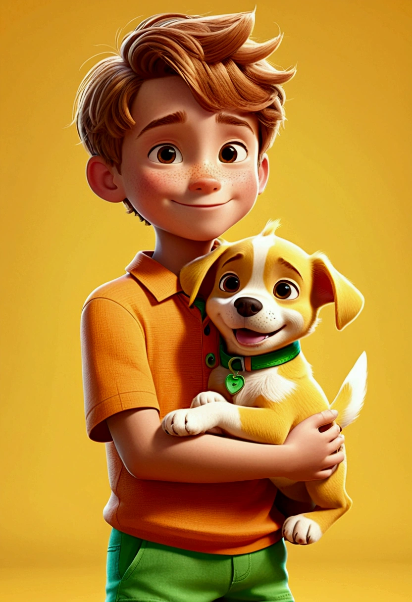 16k asymmetrical boy, Disney Pixar style, 3D, cartoon, cute, bright colors, short light brown hair, light skin, orange short-sleeved shirt, green shorts, intricate details, hugging his all-yellow puppy, all-yellow-haired puppy , happy