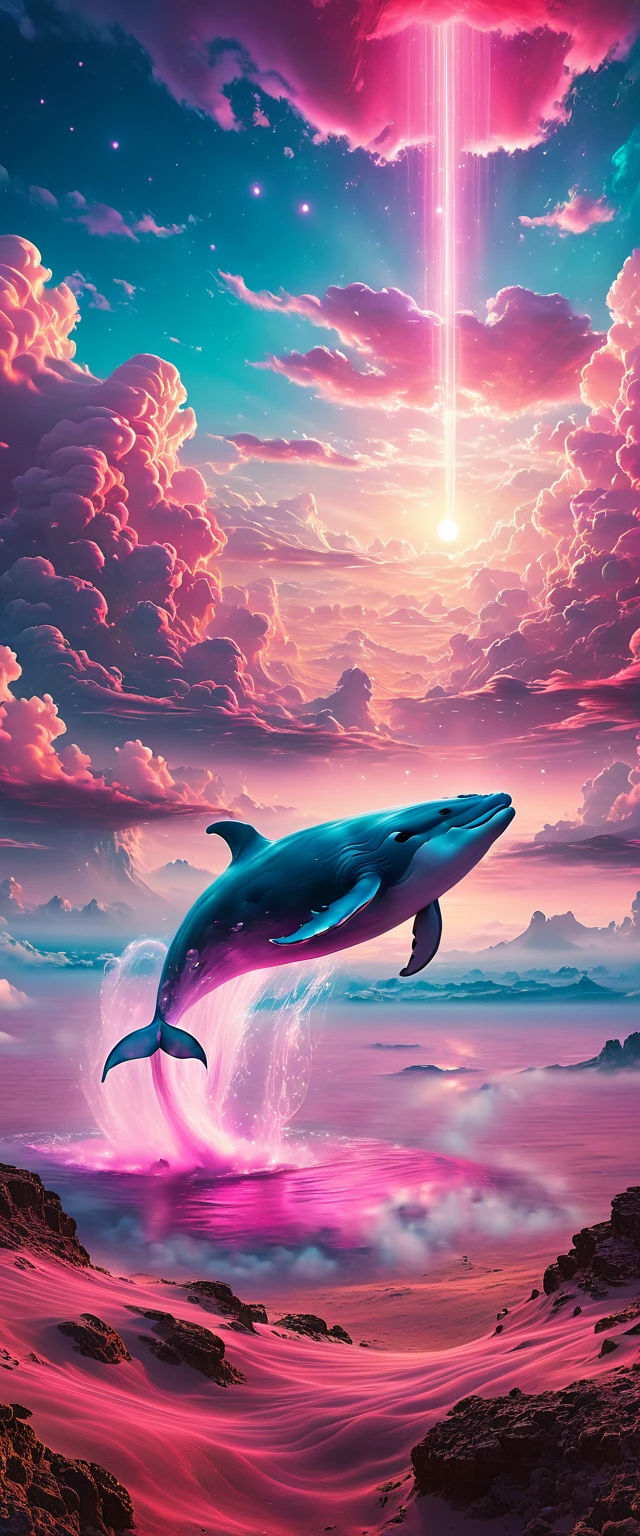 pink whale , a pink majestic whale floating above the clouds of the desert sky, (best quality,4k,8k,highres,masterpiece:1.2),ultra-detailed, ethereal, dreamlike, surreal, with a touch of magic, vibrant colors, soft and delicate, blending seamlessly into the clouds, with a serene and tranquil expression, surrounded by a mystical aura, glowing softly, reflecting the sunlight, creating a breathtaking scene.
