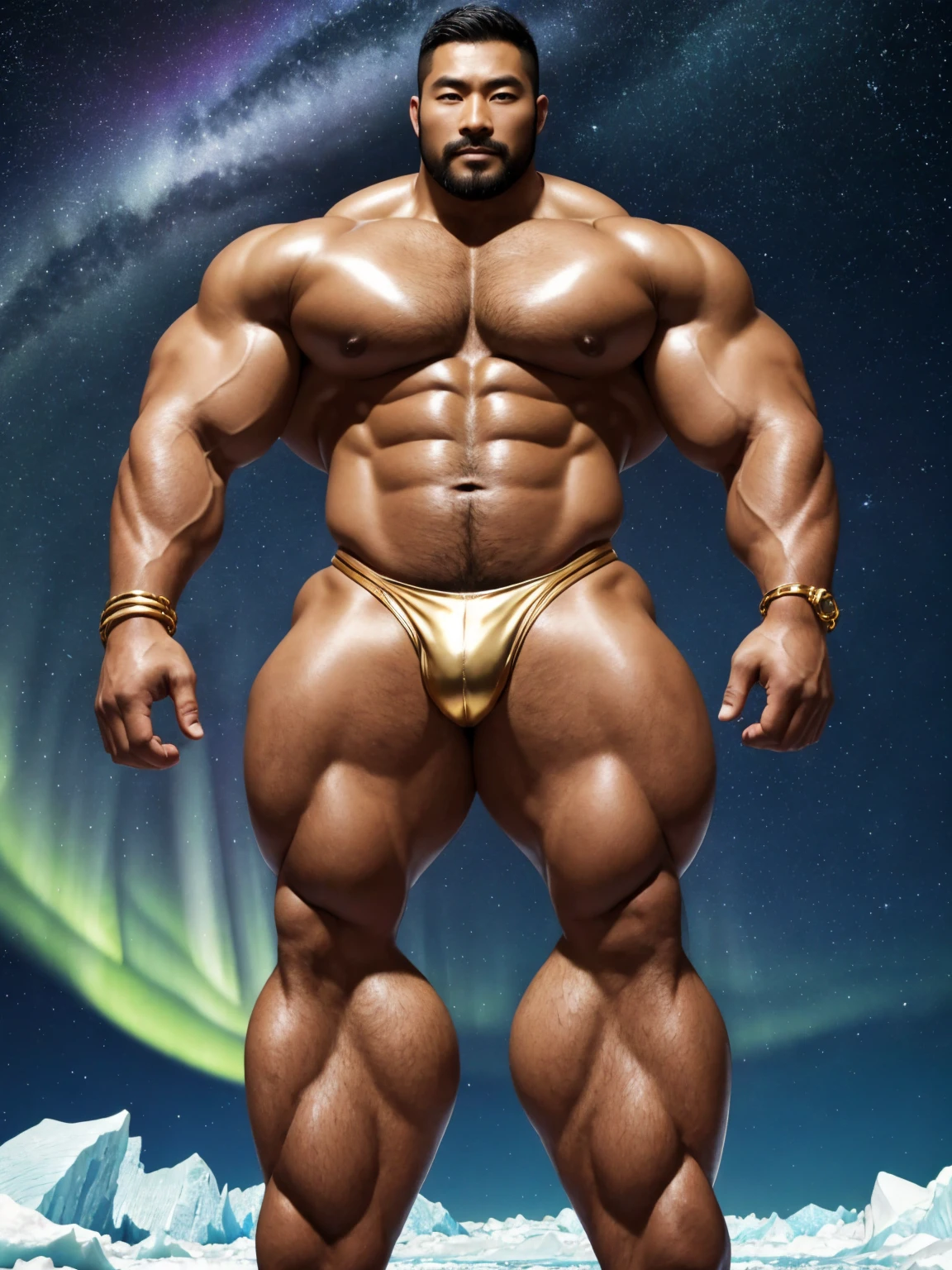 There is only one handsome Chinese man in the photo,35 years old,tall, Fitness,Smooth body,Smooth skin,No chest hair,short hair, O-Shaped Beard,Perfect body, Dark skin color,Radiant Skin,Smooth skin,Shiny, shiny skin,Smooth pectoral muscles,Muscle bulge, muscular, Very large pectoral muscles,Very sexy abdominal muscles,Very well-developed leg muscles,Huge concave and convex area,Brightens oily skin,Wearing a shiny gold leather thong,Handsome face,Normal human toes,Correct and accurate male body proportions,Gold Collar,Gold bracelet,Gold anklets,Stand on a glacier,Night sky,A sky full of stars,There are auroras,Colorful,Charming dream scene,Epic。
