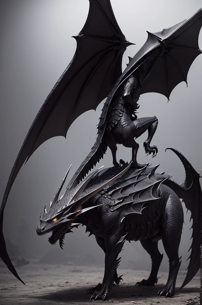 Dragon, quadruped, Wings on back, tail covered with armor. rot, blackw, doradas, Halation.