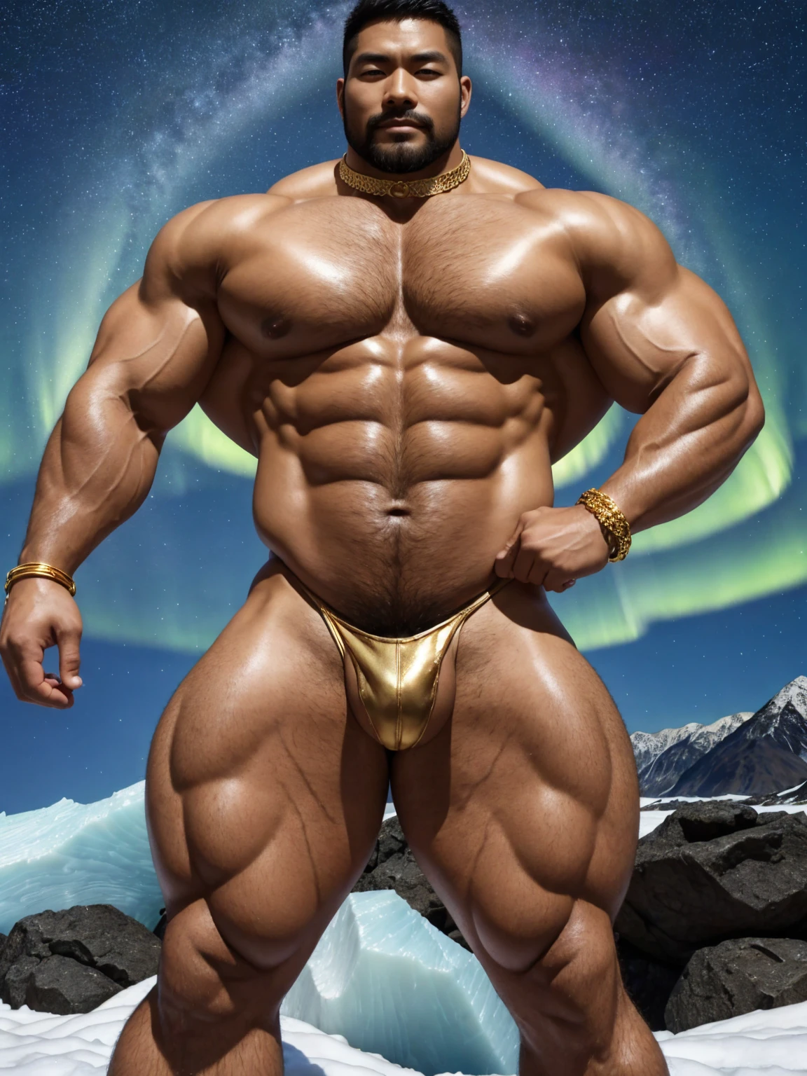 There is only one handsome Chinese man in the photo,35 years old,tall, Fitness,Smooth body,Smooth skin,No chest hair,short hair, O-Shaped Beard,Perfect body, Dark skin color,Radiant Skin,Smooth skin,Shiny, shiny skin,Smooth pectoral muscles,Muscle bulge, muscular, Very large pectoral muscles,Very y abdominal muscles,Very well-developed leg muscles,Huge concave and convex area,Brightens oily skin,Wearing a shiny gold leather thong,Handsome face,Normal human toes,Correct and accurate male body proportions,Gold Collar,Gold bracelet,Gold anklets,Stand on a glacier,Night sky,A sky full of stars,There are auroras,Colorful,Charming dream scene,Epic。