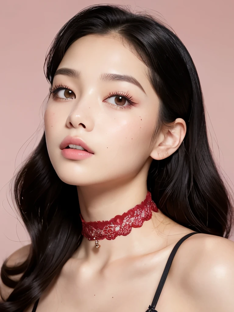 Kim Jennie with black hair, with curlers at the ends, brown eyes, pretty eyes, crying eyes, pretty, upturned nose, watery nose, pretty lips, pink lips, heart and cupid shaped lip, beautiful skin, pale white skin, with moles and freckles all over his face, soft pink blush on cheeks, soft pink makeup, Nice neck, marked collar, tender look, with a kiss necklace, while wearing a medieval corset, corset blanco medieval, bonito corset, while having a slim and beautiful abdomen, while wearing red underwear, tiny red underwear with white medieval corset, sexy (big breasts, soft breasts, Beautiful breasts), looking to the camera