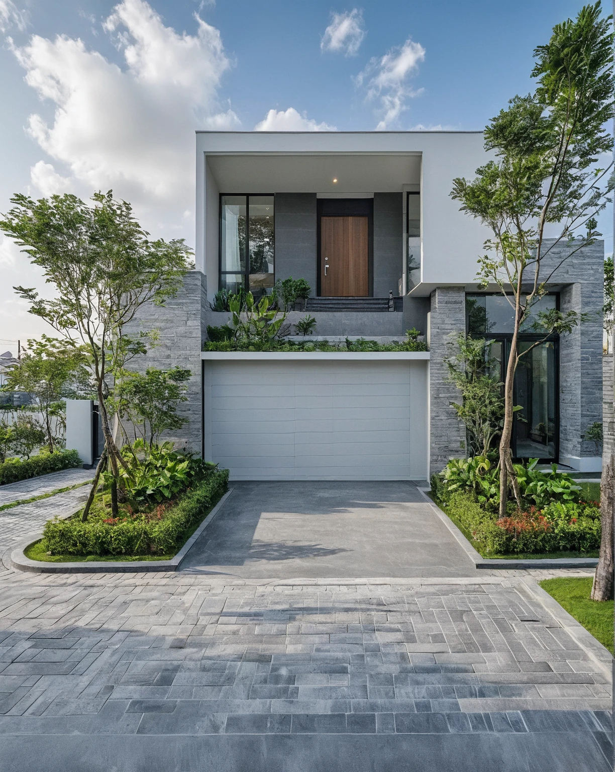 Raw photo, masterpiece, high quality, best quality, realistic, super detailed, outdoor, 2-storey house, modern townhouse style, (white wall), curved wall facade, aluminum interior door glass, curved planter, gray tiled accent wall, gray iron box exterior gate, road, sidewalk, grass, trees, sky, clouds, (daylight):1.1)
