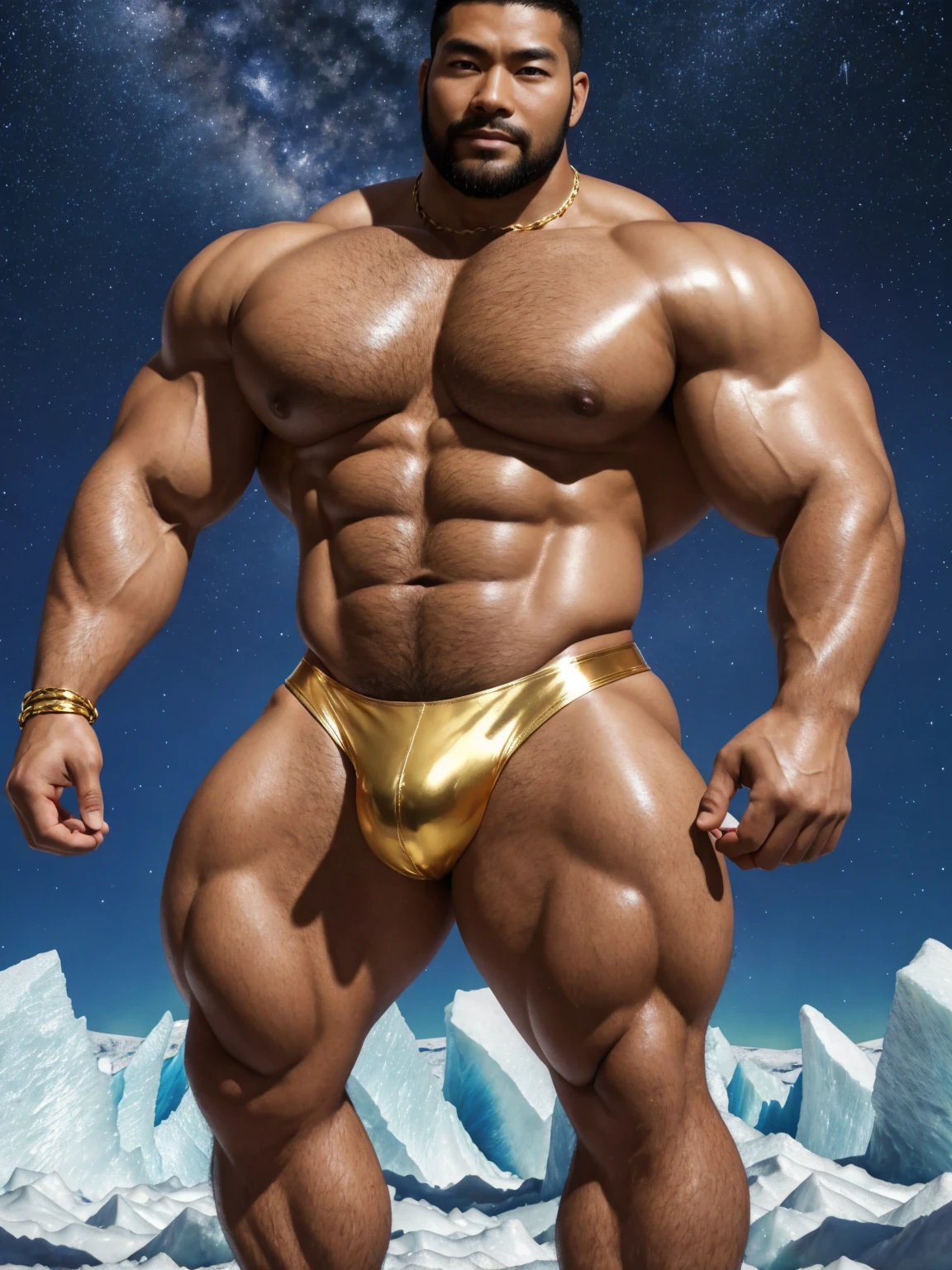 There is only one handsome Chinese man in the photo,35 years old,tall, Fitness,Smooth body,Smooth skin,No chest hair,short hair, O-Shaped Beard,Perfect body, Dark skin color,Radiant Skin,Smooth skin,Shiny, shiny skin,Smooth pectoral muscles,Muscle bulge, muscular, Very large pectoral muscles,Very sexy abdominal muscles,Very well-developed leg muscles,Huge concave and convex area,Brightens oily skin,Wearing a shiny gold leather thong,Handsome face,Normal human toes,Correct and accurate male body proportions,Gold Collar,Gold bracelet,Gold anklets,Stand on a glacier,Night sky,A sky full of stars,There are auroras,Colorful,Charming dream scene,Epic。