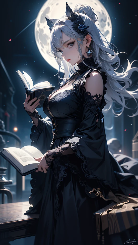 { - anatomy error} (Masterpiece - Ultra-detailed, very high resolution) Moonlit night, sexy elf young victorian girl, very big breasts, black dress, victorian dress, sexy see-through underwear with lace, Beautiful Woman, happy face, gray hair, long hair, reading, writing, 1 girl