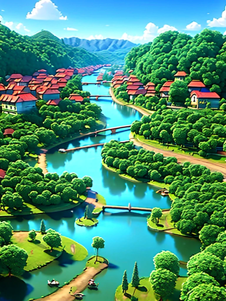 Urban city with forest on the side. River divides the city from the forest. many animals in the forest, ounce, elephants, birds. city with people.