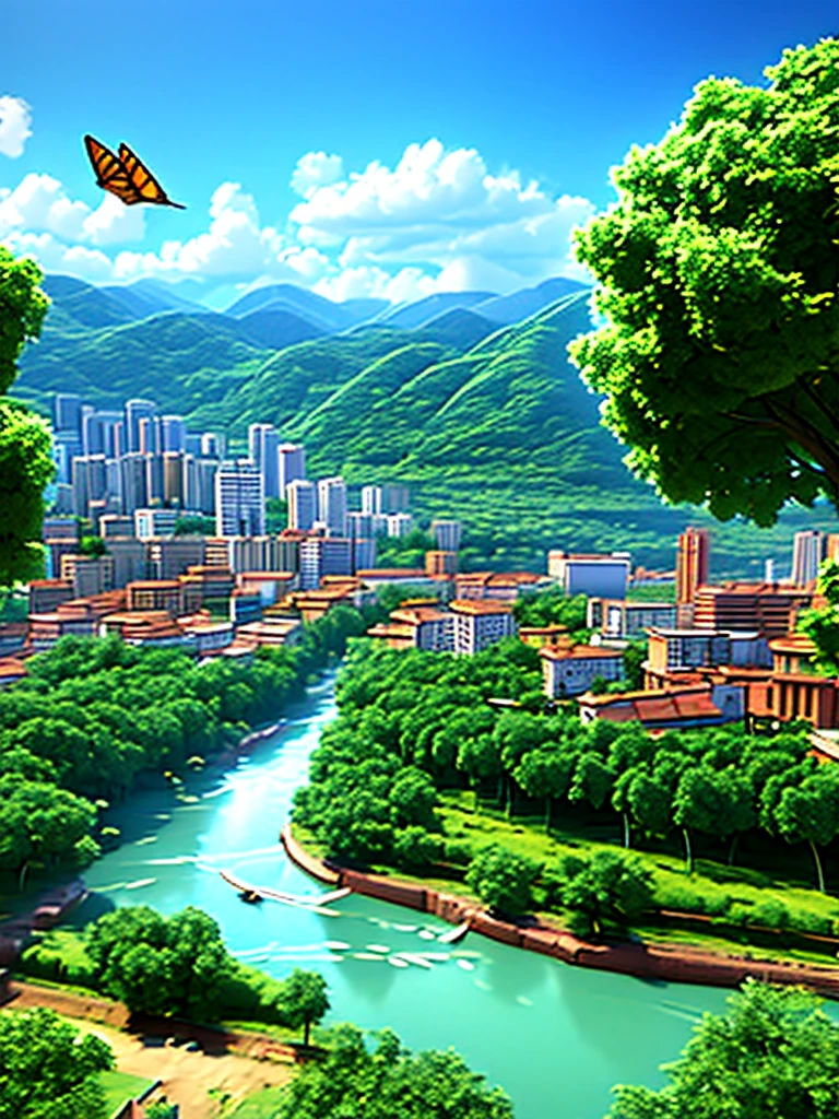 Urban city with forest on the side. River divides the city from the forest. many animals in the forest, ounce, elephants, birds. city with people.