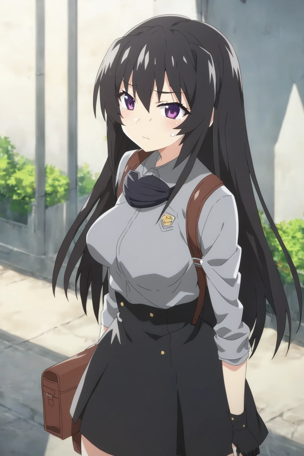 anime girl with a backpack and a mask on her face, purple eyes, anime moe artstyle, cute anime waifu in a nice dress, anime visual of a cute girl, beautiful anime high school girl, gray shirt, short skirt, anime girl with long hair, long straight hair, high quality anime artstyle, from girls frontline, anime style 4k, mature anime girl, anime girl wearing a black dress, kantai collection style,black shiny hair, normal breast