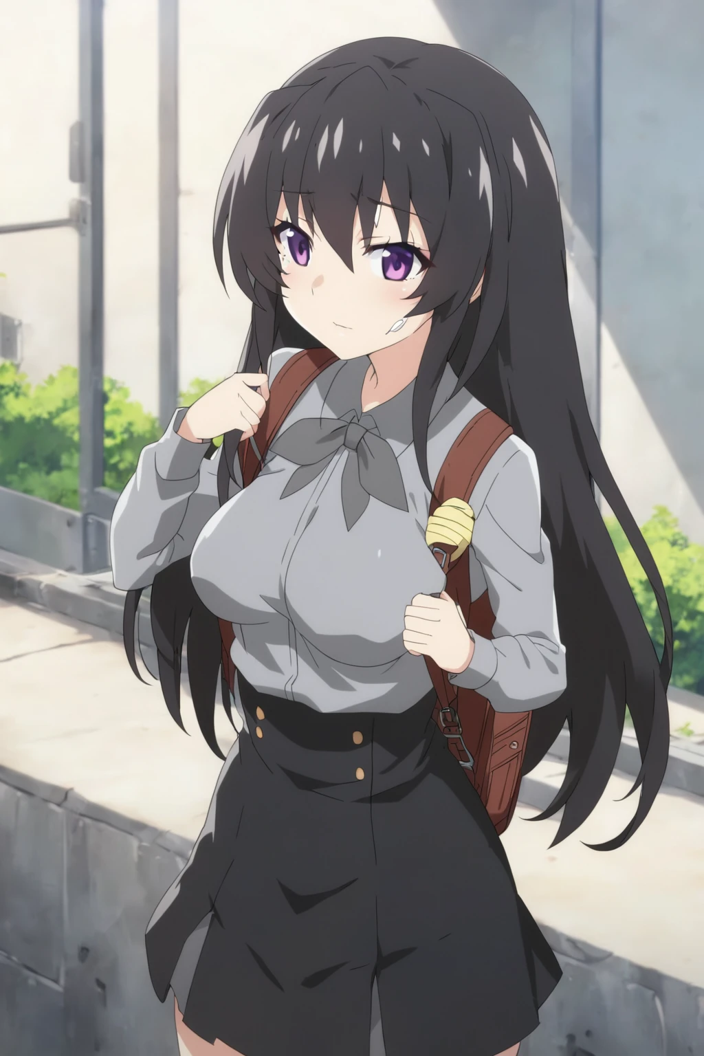 anime girl with a backpack and a mask on her face, purple eyes, anime moe artstyle, cute anime waifu in a nice dress, anime visual of a cute girl, beautiful anime high school girl, gray shirt, short skirt, anime girl with long hair, long straight hair, high quality anime artstyle, from girls frontline, anime style 4k, mature anime girl, anime girl wearing a black dress, kantai collection style,black shiny hair, normal breast