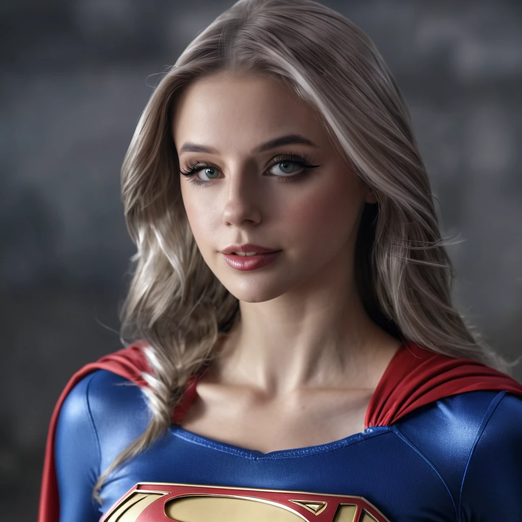 A beautiful sexy woman wearing a Supergirl cosplay outfit, detailed realistic 4k highres masterpiece:1.2, UHD