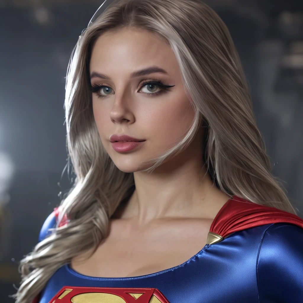 A beautiful sexy woman wearing a Supergirl cosplay outfit, detailed realistic 4k highres masterpiece:1.2, UHD