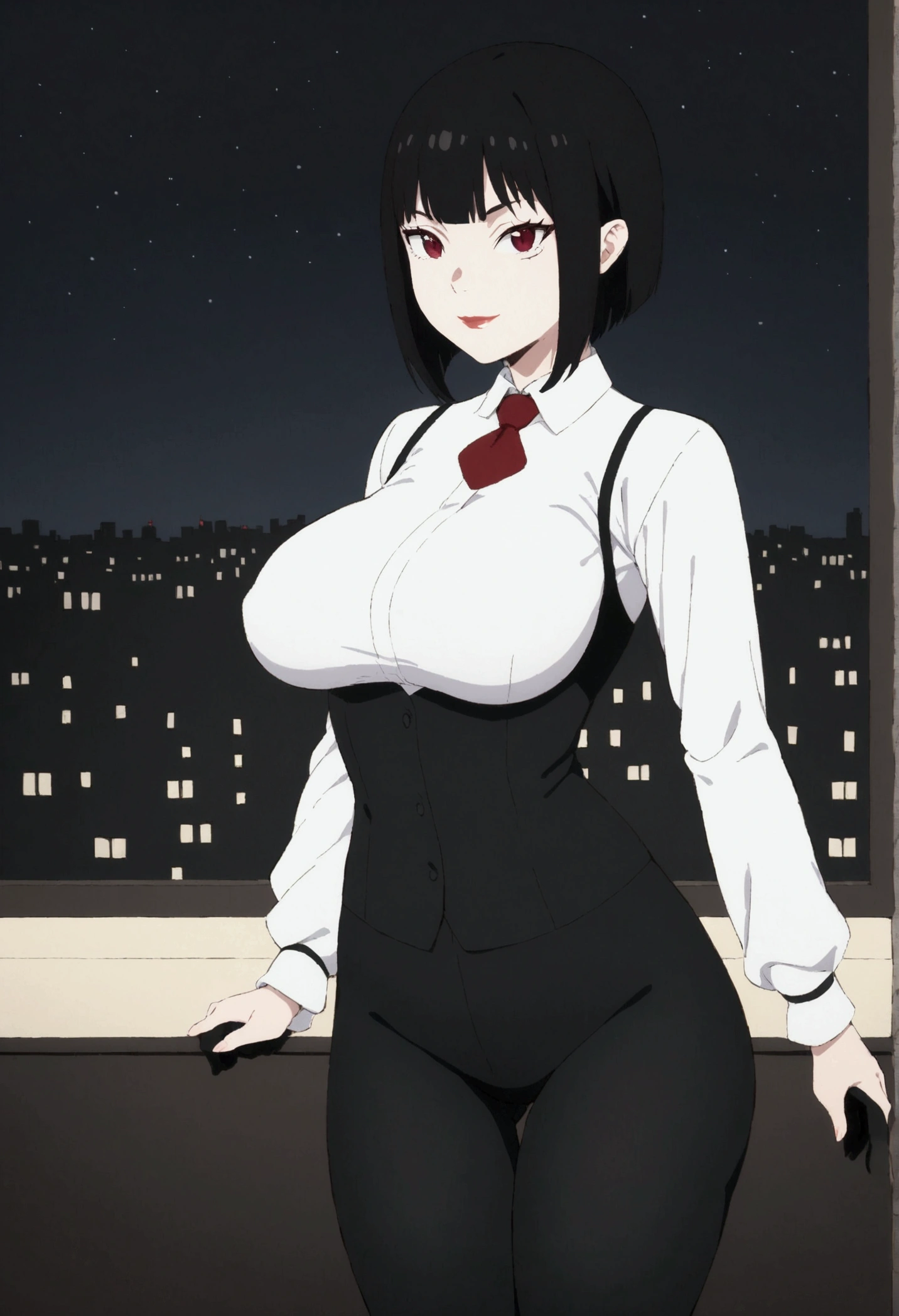 (work of art), 1 girl, standing alone, absurderes, high resolution,,pretentious smile ,curve body, Bblack hair ,, Eyes red, Bblack hair, perfect lips, white  shirt,breastsout ,leggings preta ,black socks at night,citys
