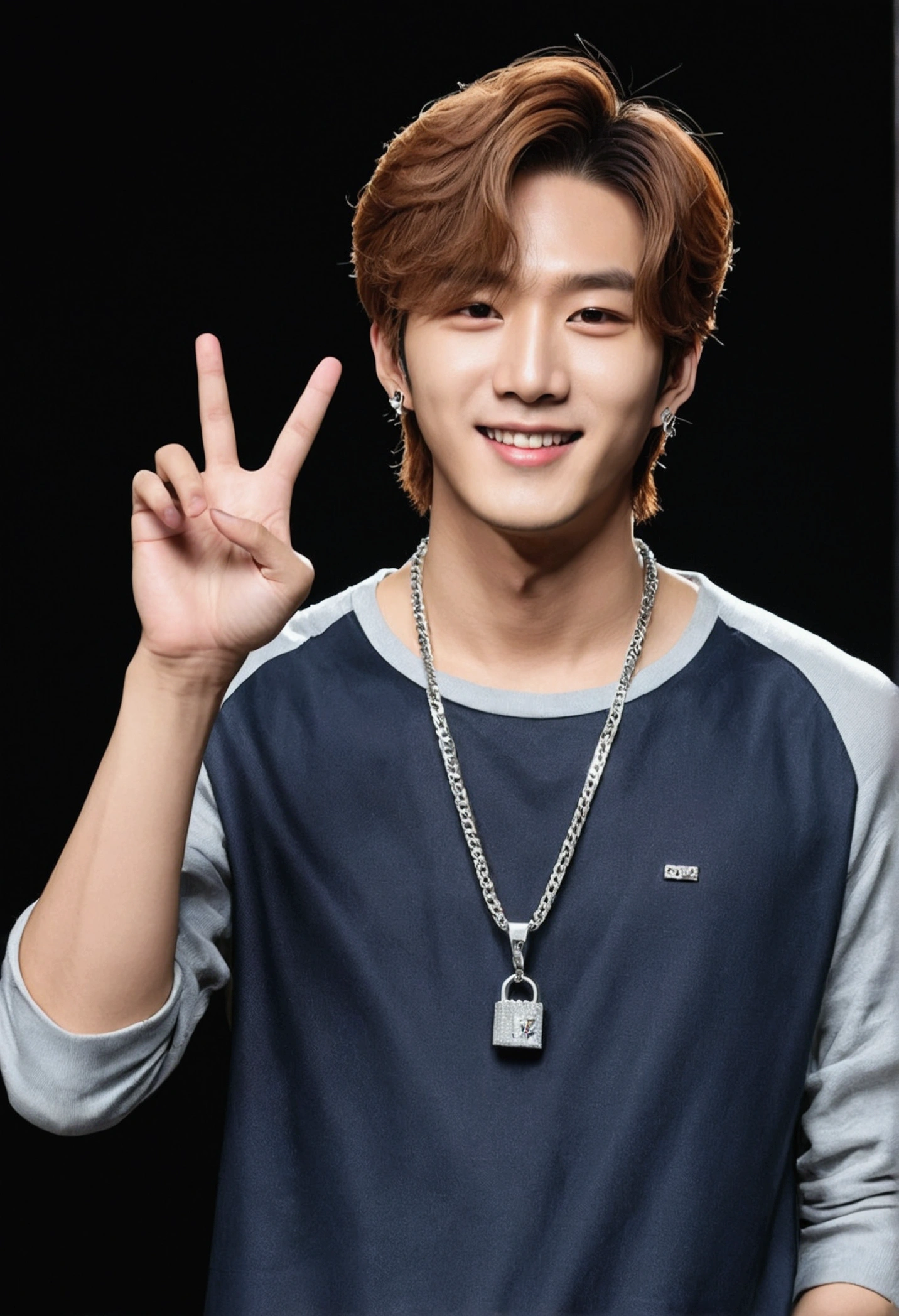 Masterpiece of photography, a Korean idol K-pop, look handsomeman and cool, straight hair, wear fashion platinum necklace, little smile, wear casual clothes, (with stop hand signal:1.2), on black gradient background, high detail, photorealism
