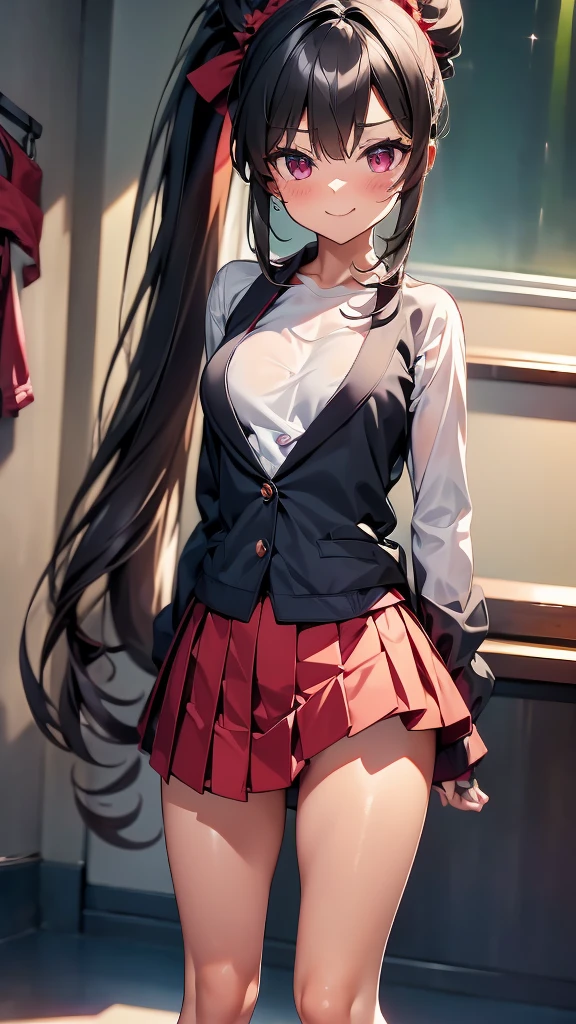 high tail hairstyle, Ponytail hairstyle, Long wavy black hair, standing posing, anime girl style, pixel art anime style,penetrating look with deep eyes,red and purple eyes, hair with a ponytail hairstyle trapped with a big red bun, women, red hair clips, x color shaped hair clips , smiling face blush, next to his bed, lingerie, tank top, Black hair, mini skirt, big thighs,