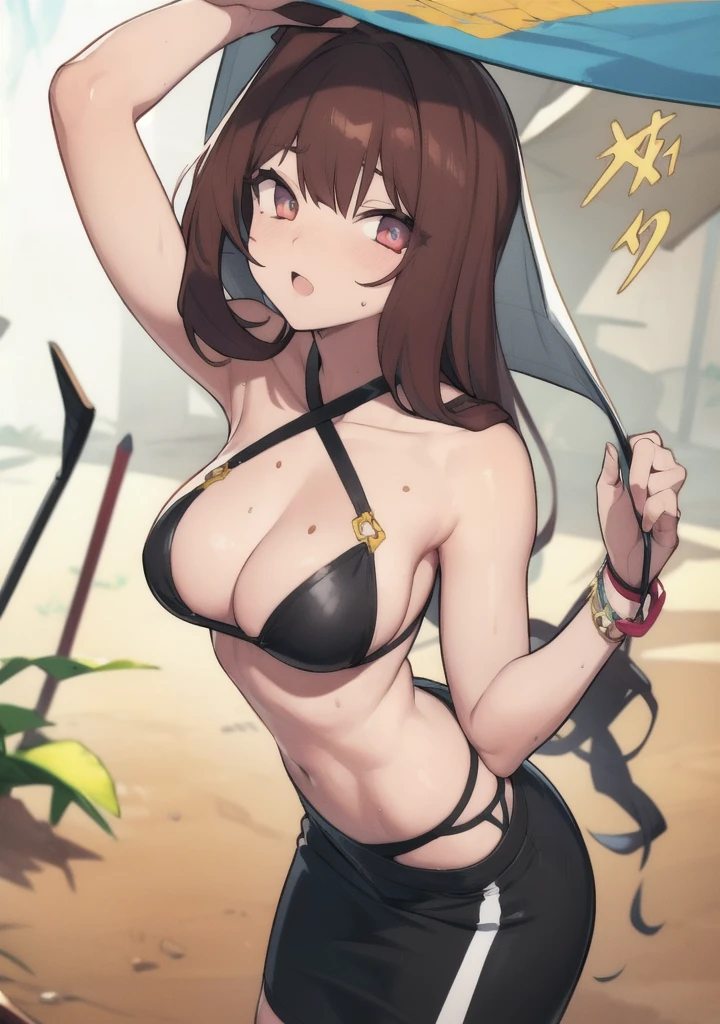 1.5),(girl),(Dynamic pose),Brown Hair,(Vermilion eyes),(first round),Big Breasts,Swimwear