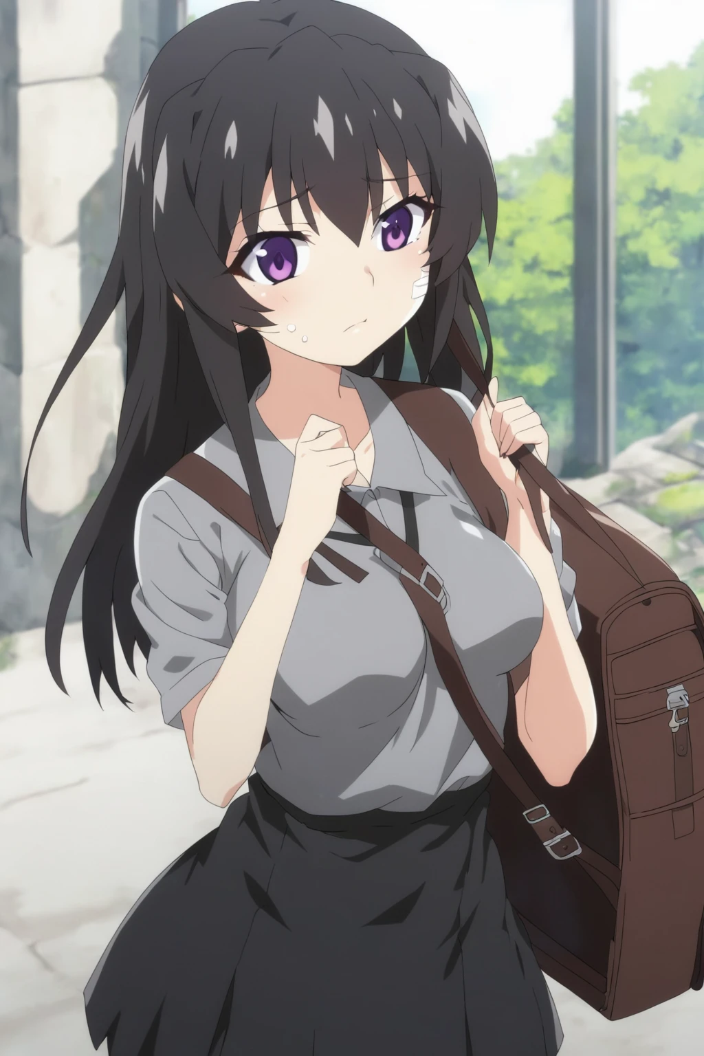 anime girl with a backpack and a mask on her face, purple eyes, anime moe artstyle, cute anime waifu in a nice dress, anime visual of a cute girl, beautiful anime high school girl, gray shirt, short skirt, anime girl with long hair, long straight hair, high quality anime artstyle, from girls frontline, anime style 4k, mature anime girl, anime girl wearing a black dress, kantai collection style,black shiny hair, normal breast