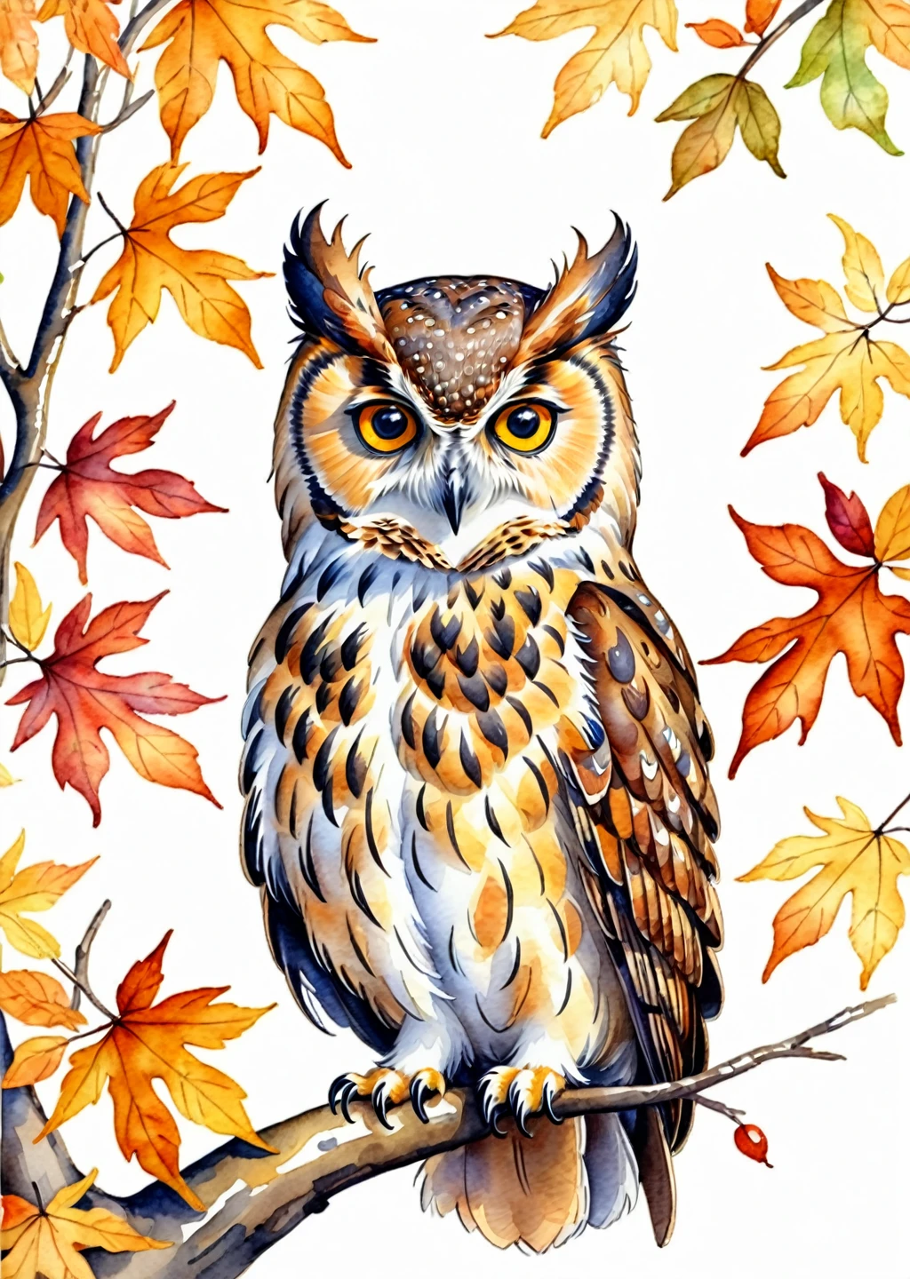 whimsical image of an owl in fall, watercolor, handdrawn, detailed, realistic, white background