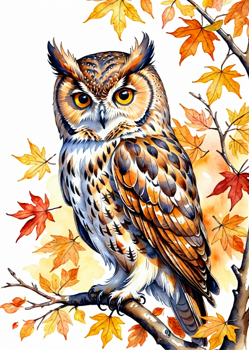 whimsical image of an owl in fall, watercolor, handdrawn, detailed, realistic, white background