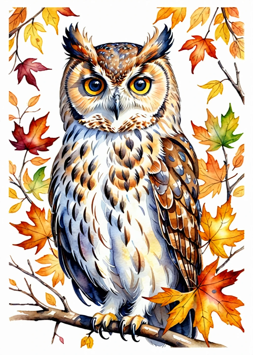 whimsical image of an owl in fall, watercolor, handdrawn, detailed, realistic, white background